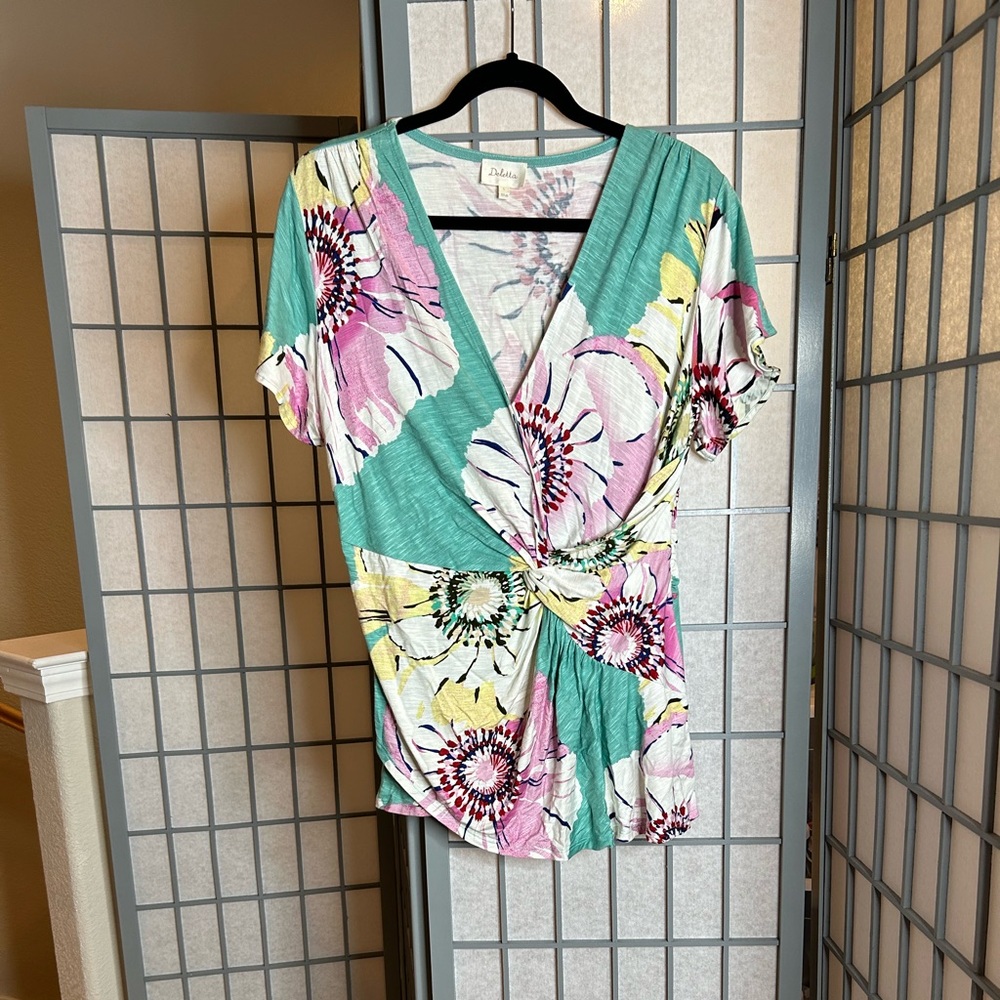 Anthropologie Deletta Floral V-Neck Top - Sea Foam Green, Pink, Yellow